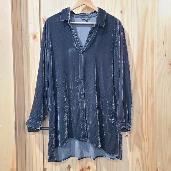 Eileen Fisher Tops - Eileen Fisher Crushed Velvet Viscose Silk Button Up Tunic Top Graphite Size M